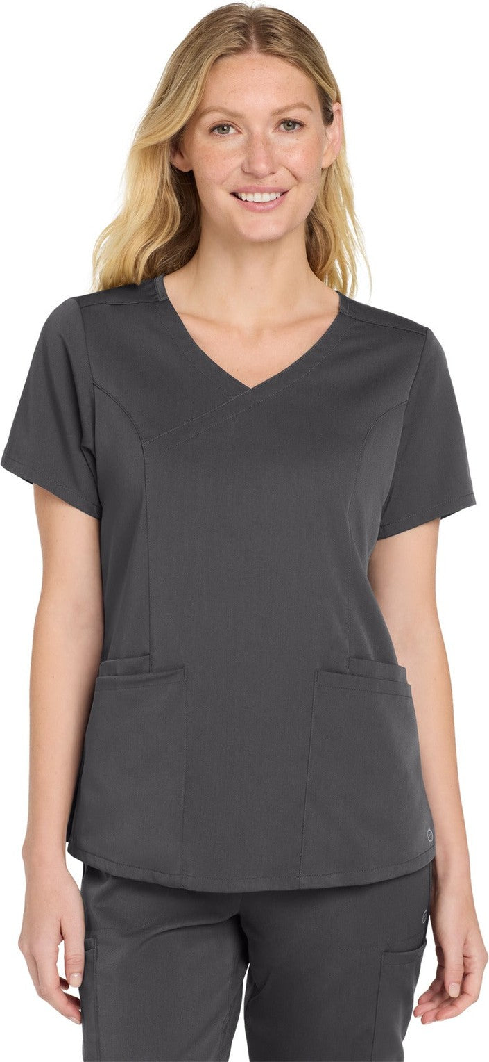 Front View of Pewter Wink Women's Premiere Flex Mock Wrap Top WW4268