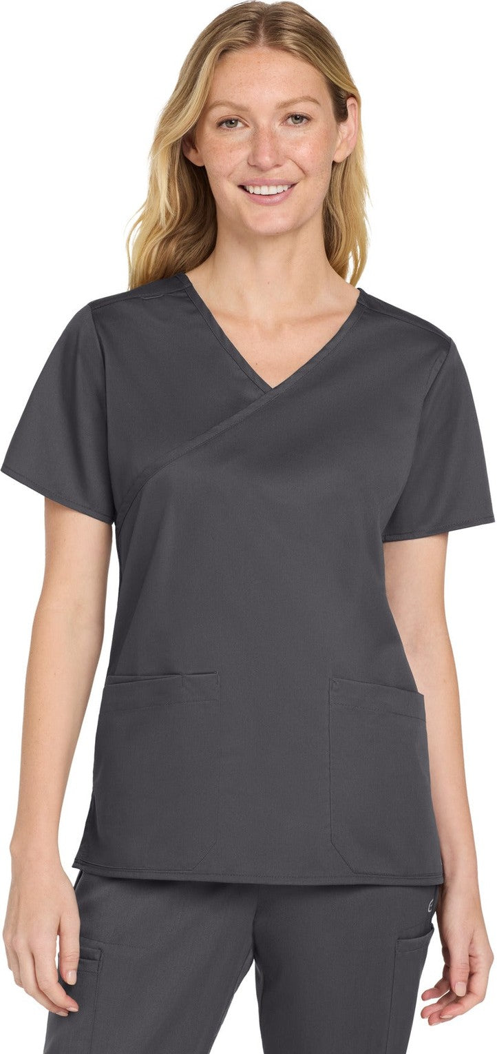 Front View of Pewter Wink Women's WorkFlex Mock Wrap Top WW4760