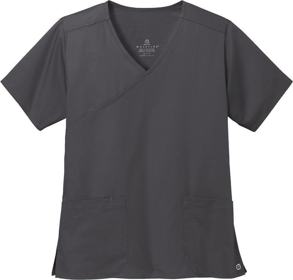 Front View of Pewter Wink Women's WorkFlex Mock Wrap Top WW4760