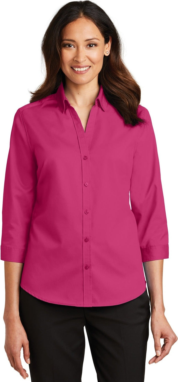 Front View of Pink Azalea Port Authority Women's 3/4-Sleeve SuperPro Twill Shirt. L665