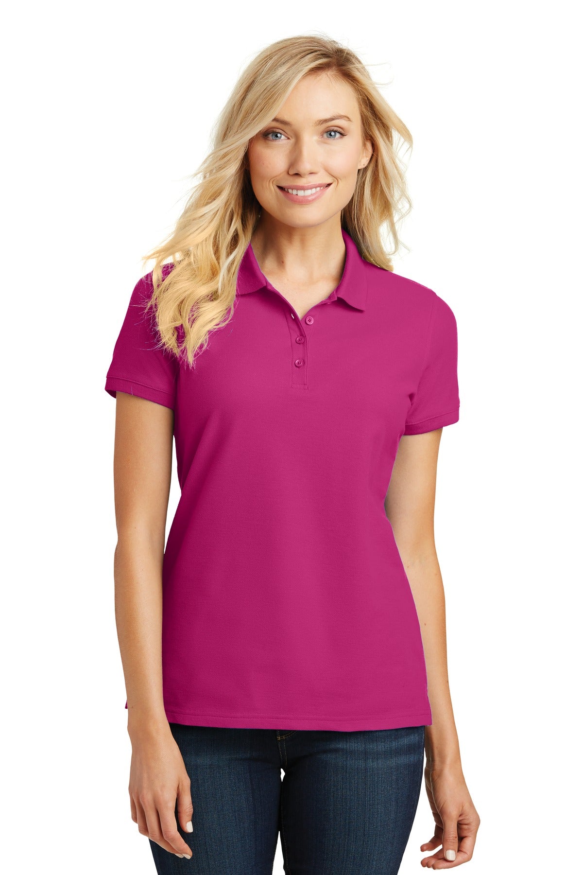 Front View of Pink Azalea Port Authority Women's Core Classic Pique Polo. L100