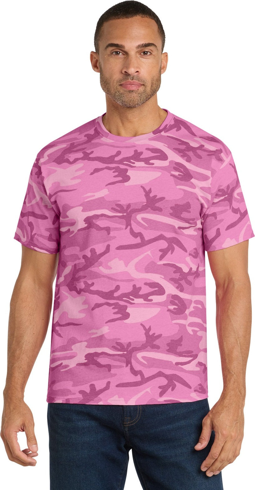Front View of Pink Camo Port & Co Core Cotton Camo Tee. PC54C