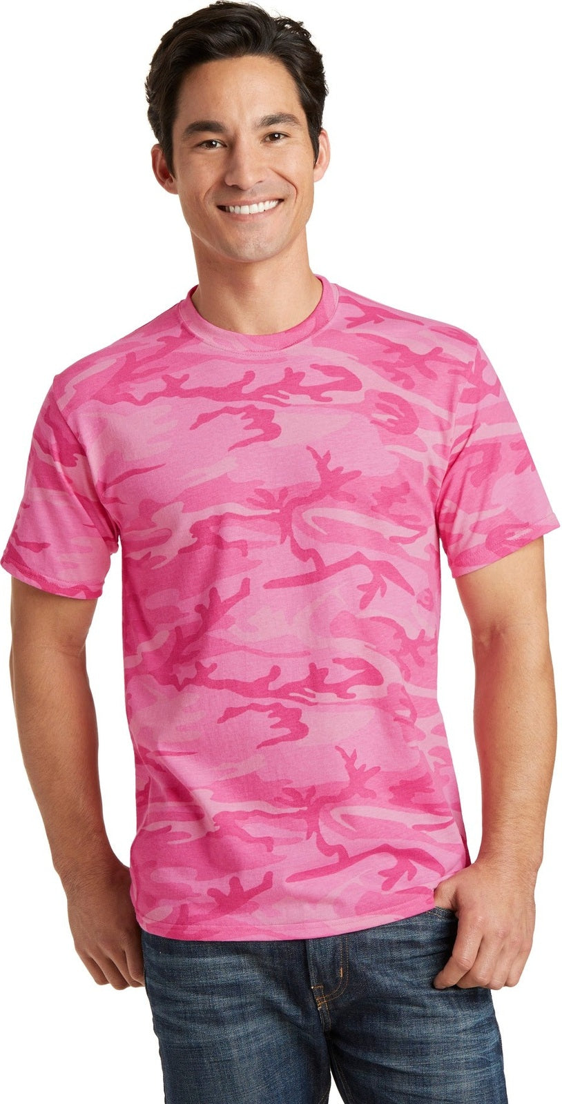 Front View of Pink Camo Port & Co Core Cotton Camo Tee. PC54C