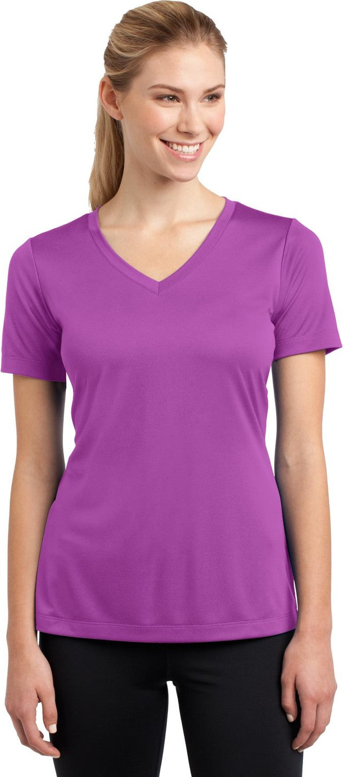 Front View of Pink Orchid Sport-Tek Women's PosiCharge Competitor V-Neck Tee. LST353