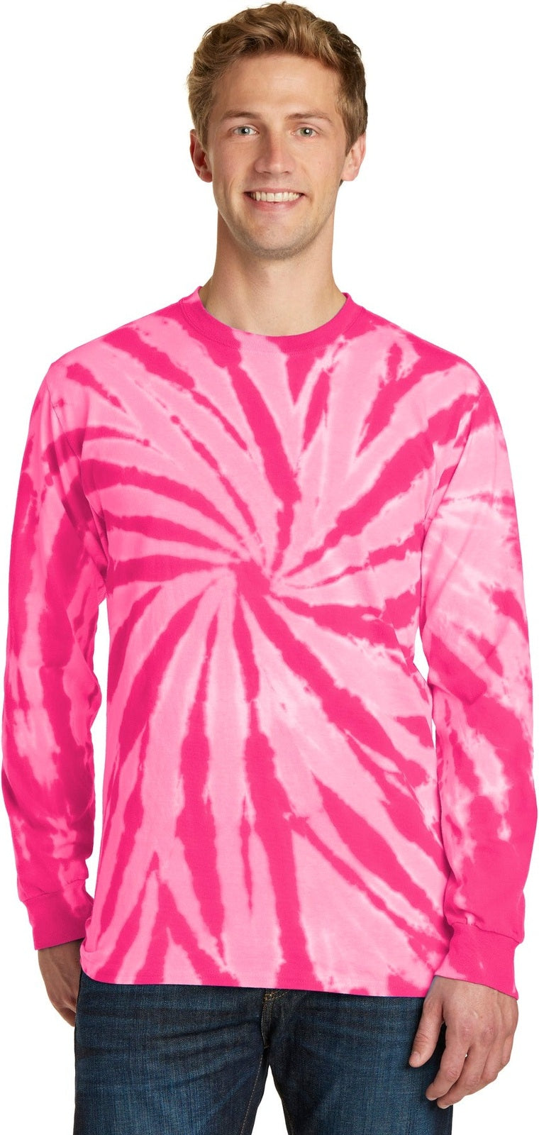 Front View of Pink Port & Co Tie-Dye Long Sleeve Tee. PC147LS