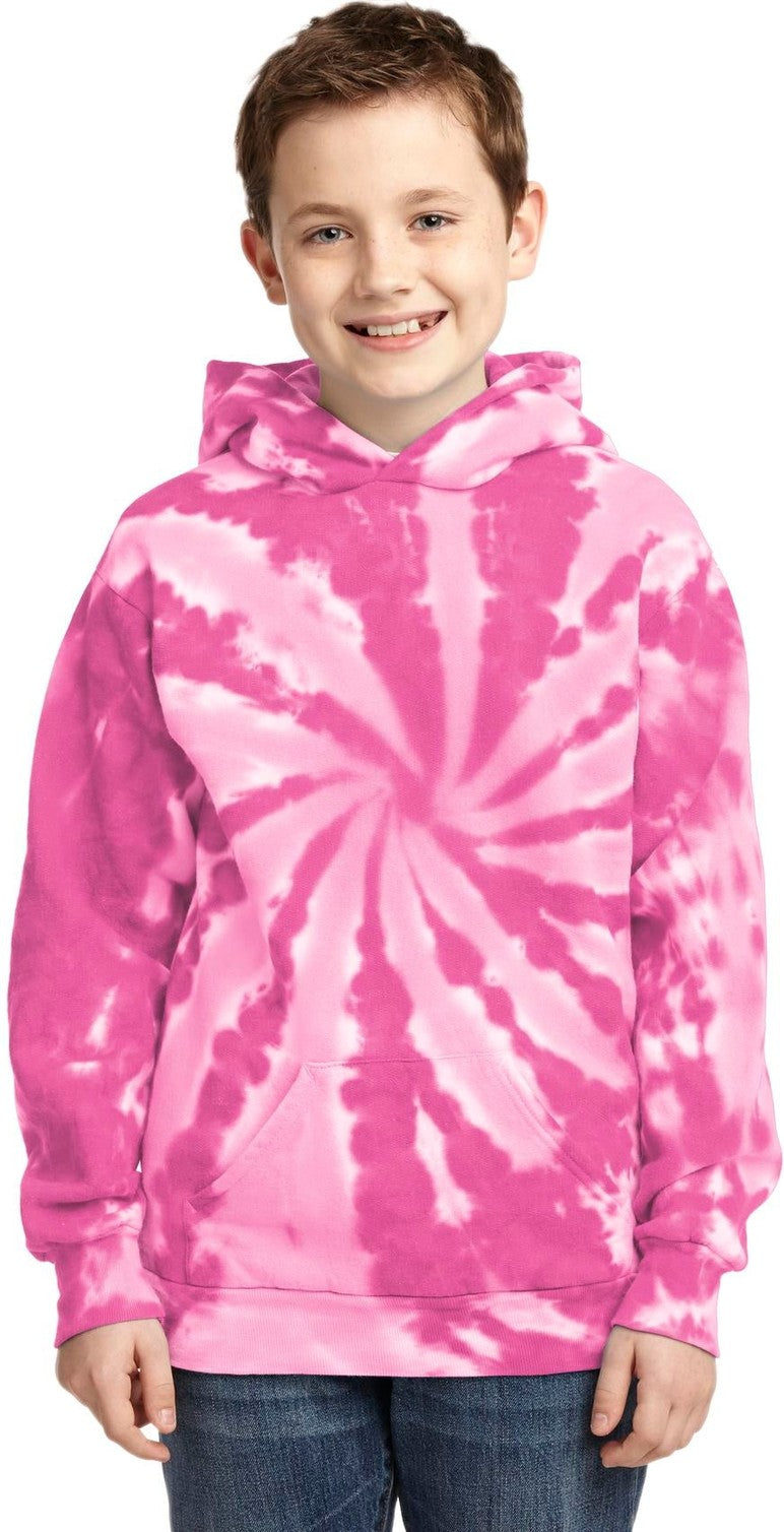 Front View of Pink Port & Co Youth Tie-Dye Pullover Hooded Sweatshirt. PC146Y