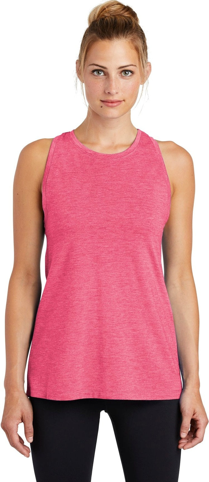 Front View of Pink Rasp Hthr Sport-Tek Women's PosiCharge Tri-Blend Wicking Tank. LST402