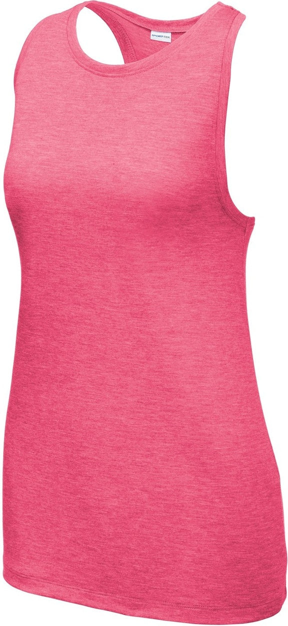 Front View of Pink Rasp Hthr Sport-Tek Women's PosiCharge Tri-Blend Wicking Tank. LST402
