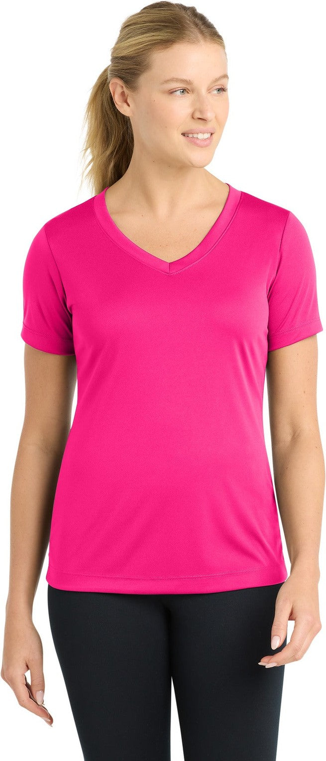 Front View of Pink Raspberry Sport-Tek Women's PosiCharge Competitor V-Neck Tee. LST353