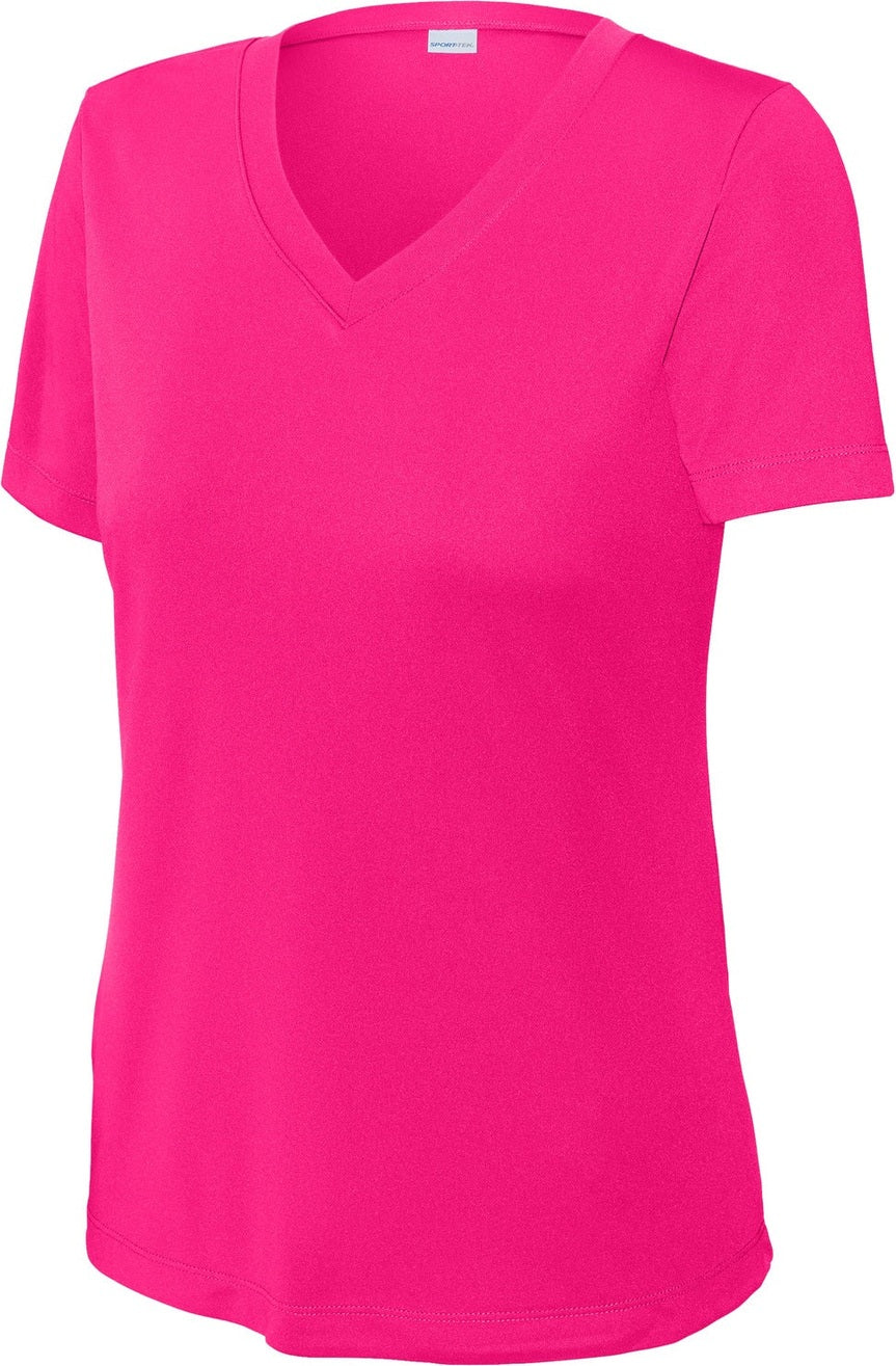Front View of Pink Raspberry Sport-Tek Women's PosiCharge Competitor V-Neck Tee. LST353