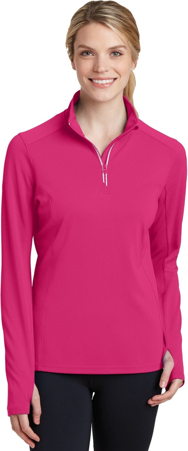 Front View of Pink Raspberry Sport-Tek Women's Sport-Wick Textured 1/4-Zip Pullover. LST860