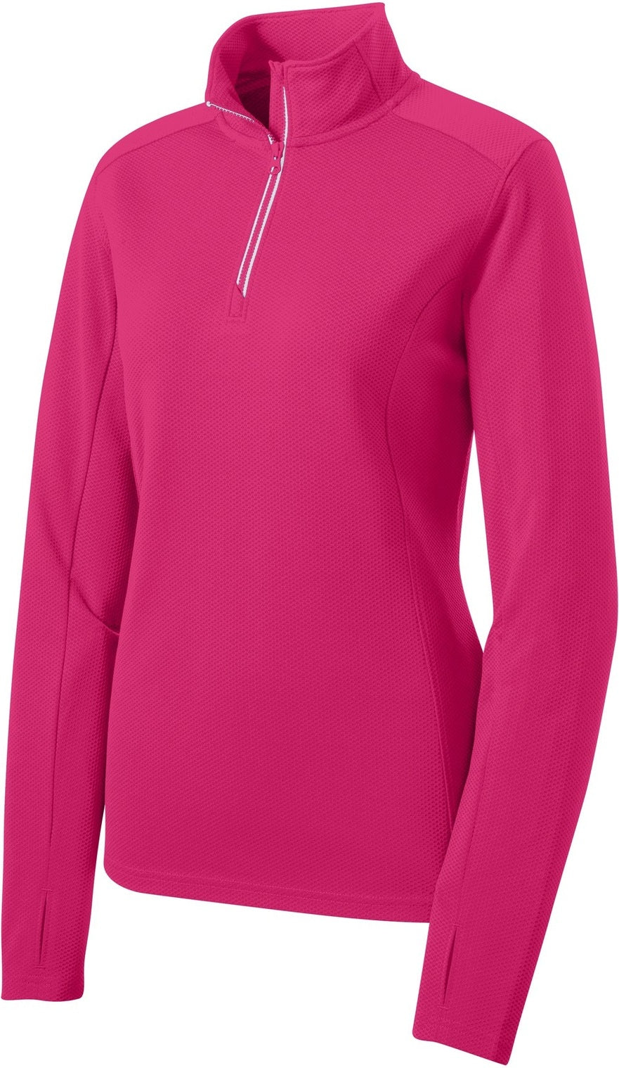 Front View of Pink Raspberry Sport-Tek Women's Sport-Wick Textured 1/4-Zip Pullover. LST860