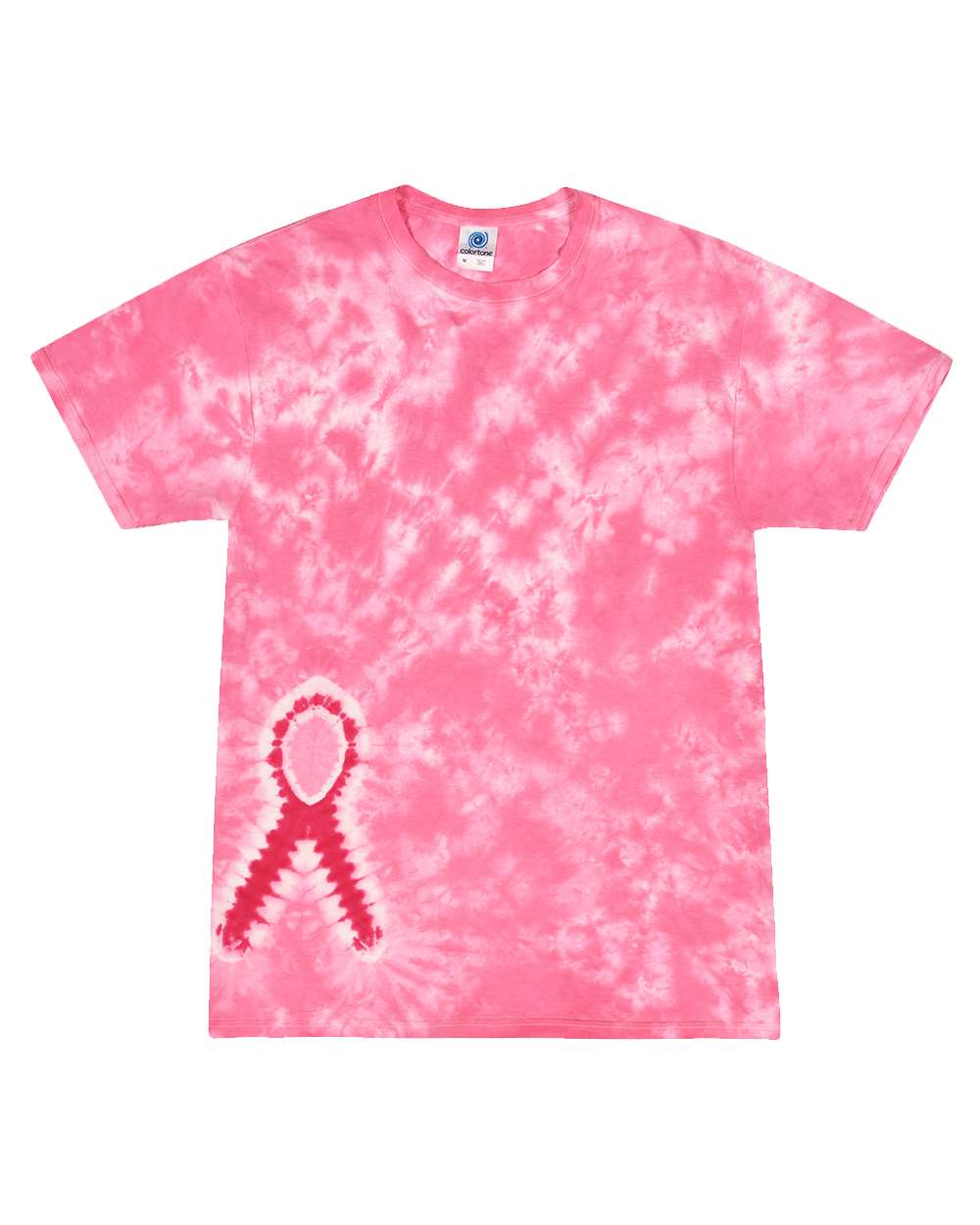 Front View of Pink Ribbon Shapes Tie-Dyed T-Shirt - 1150