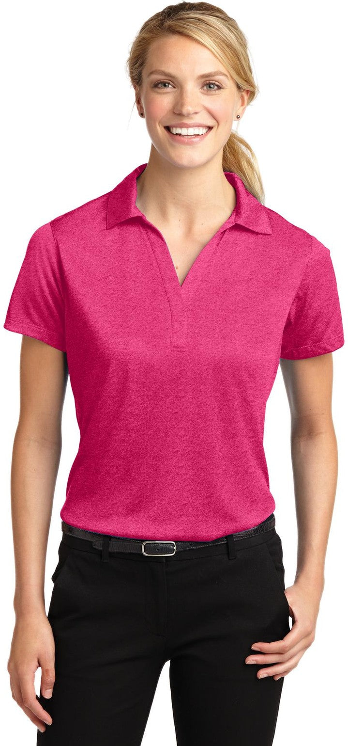 Front View of Pink Rspbrry H Sport-Tek Women's Heather Contender Polo. LST660