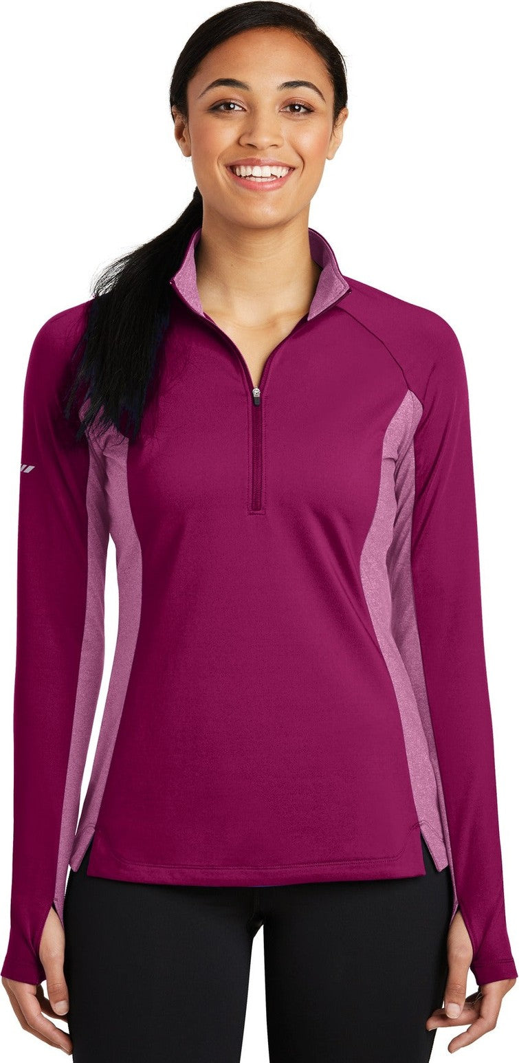 Front View of Pink Rush/PkRH Sport-Tek Women's Sport-Wick Stretch Contrast 1/4-Zip Pullover. LST854