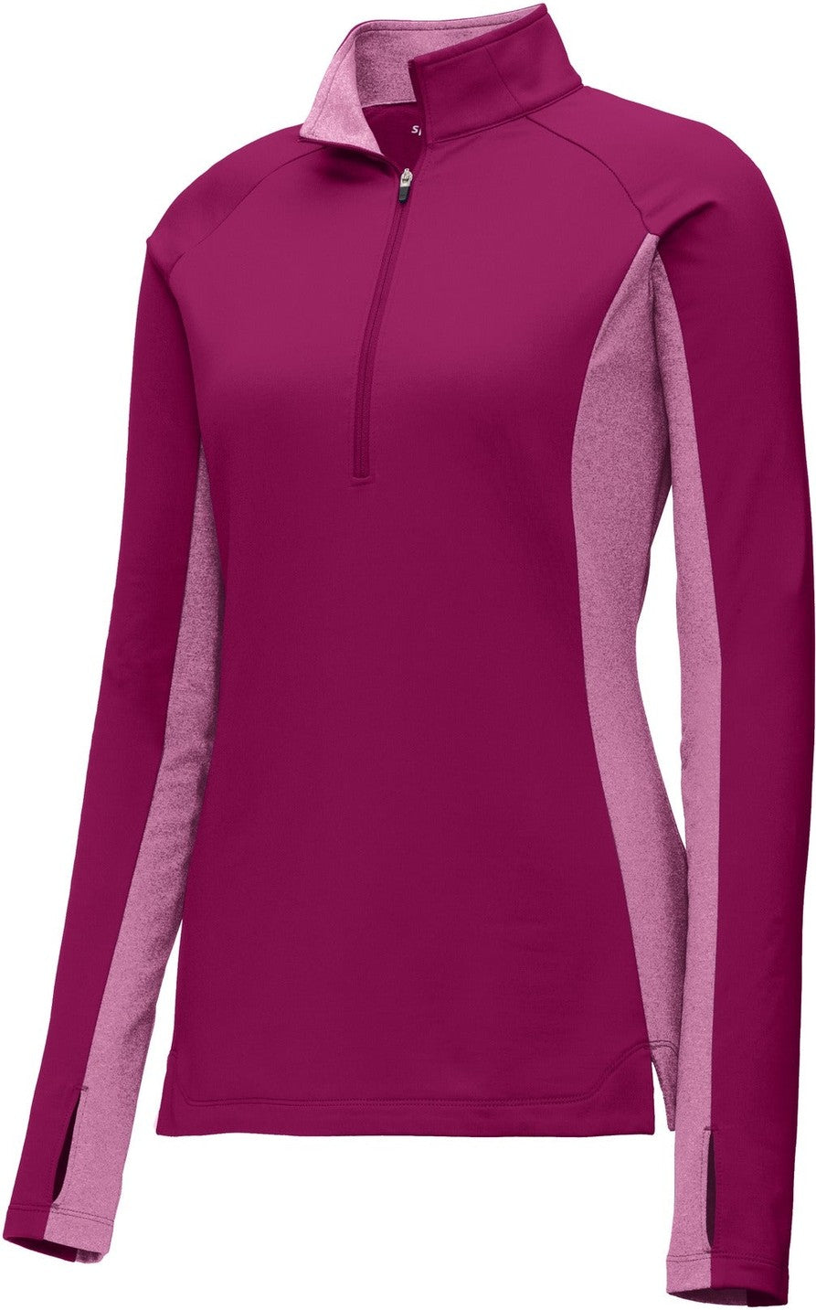 Front View of Pink Rush/PkRH Sport-Tek Women's Sport-Wick Stretch Contrast 1/4-Zip Pullover. LST854