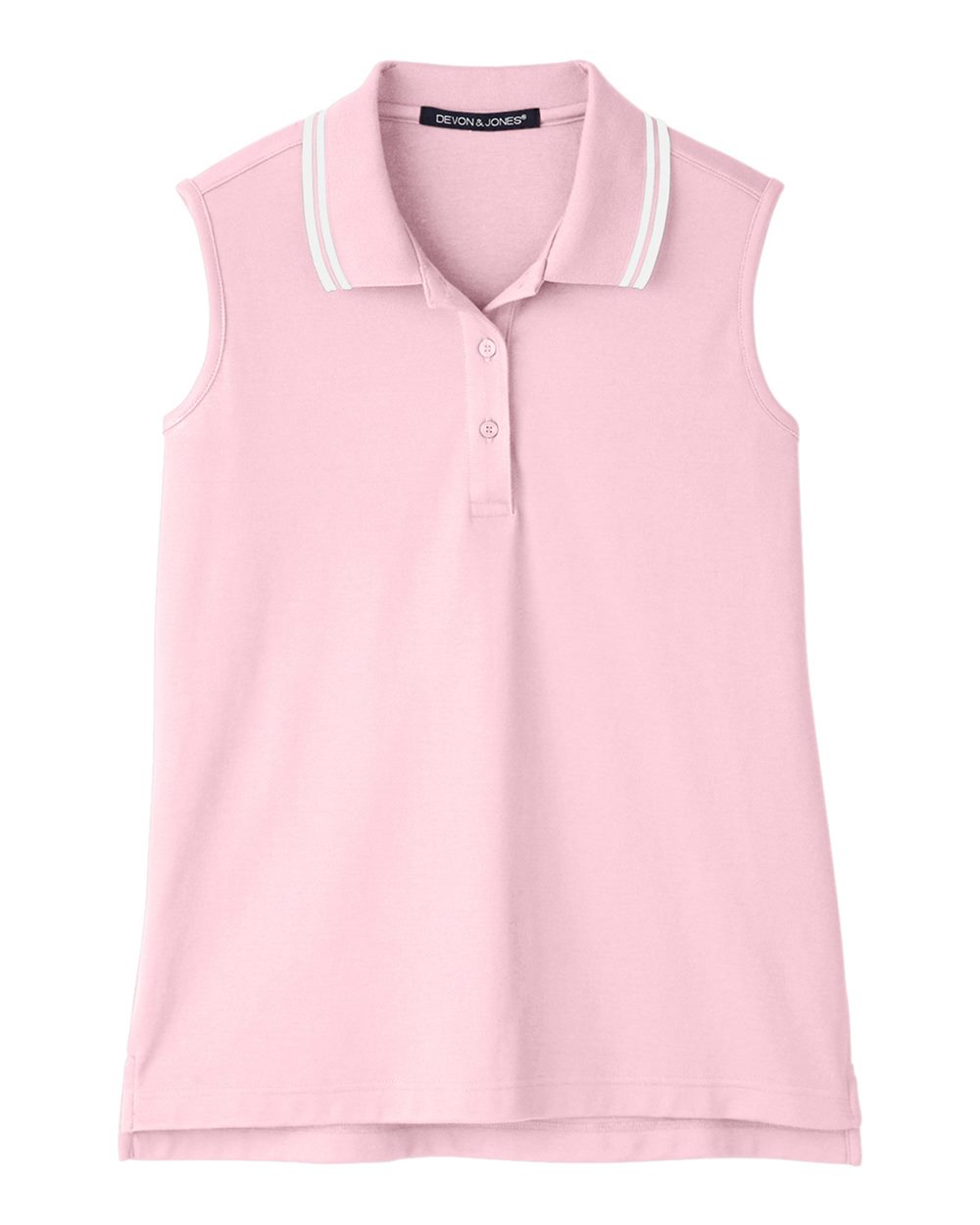 Front View of Pink/ White Women's CrownLux Performance® Plaited Tipped Sleeveless Polo - DG20SW