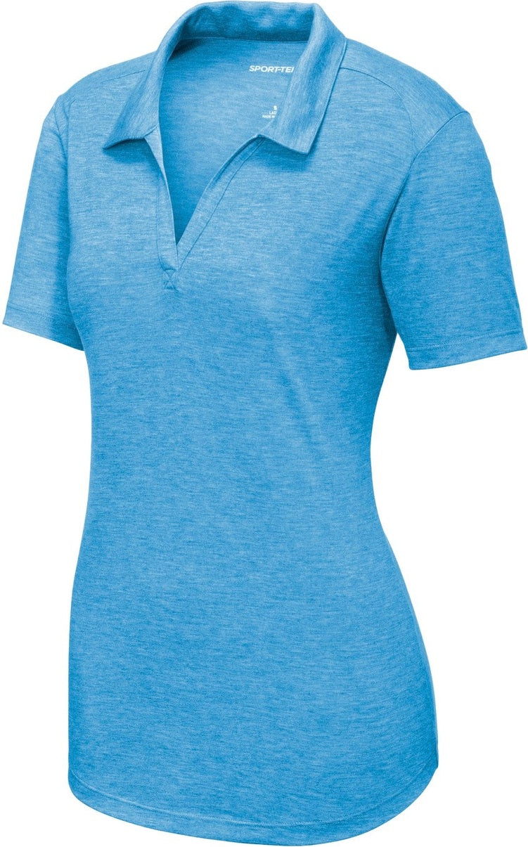 Front View of Pond Blue Hthr Sport-Tek Women's PosiCharge Tri-Blend Wicking Polo. LST405