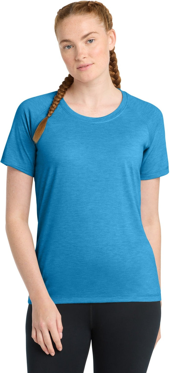 Front View of Pond Blue Hthr Sport-Tek Women's PosiCharge Tri-Blend Wicking Scoop Neck Raglan Tee. LST400