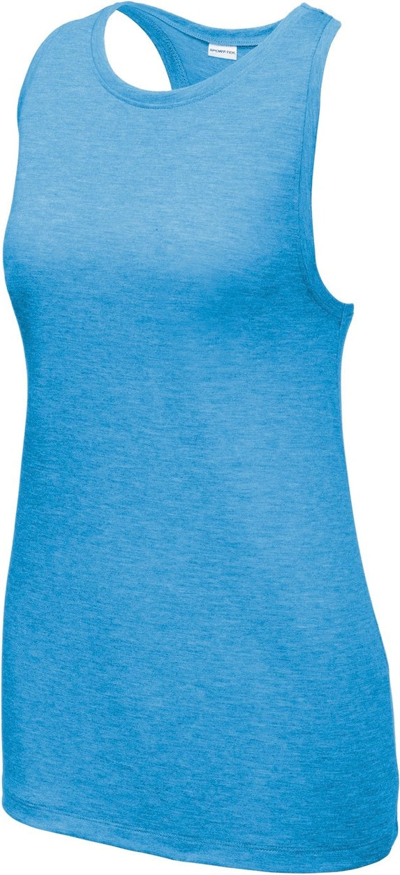 Front View of Pond Blue Hthr Sport-Tek Women's PosiCharge Tri-Blend Wicking Tank. LST402