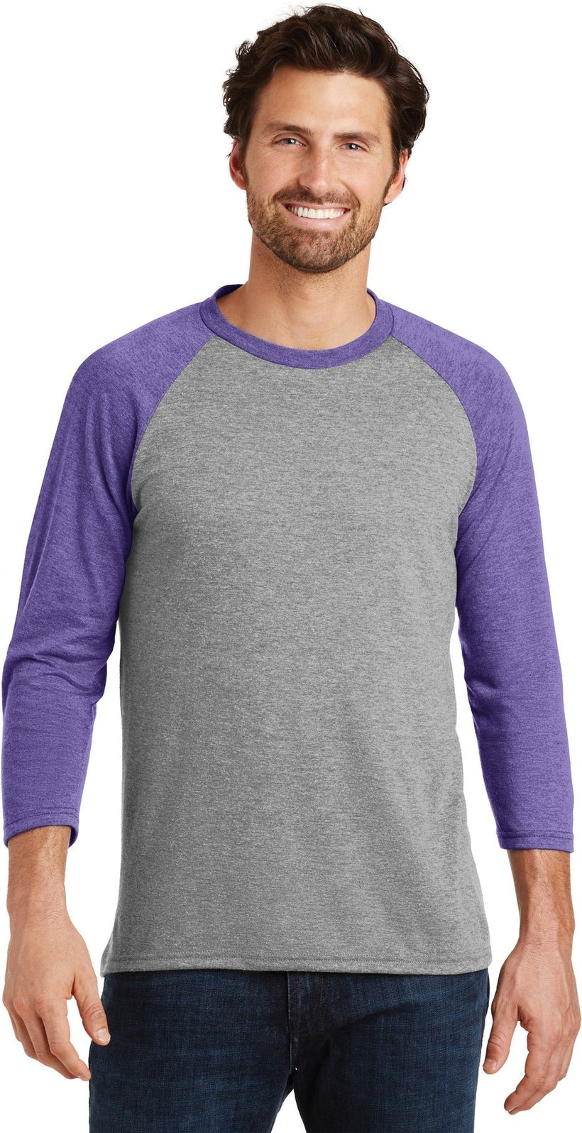 Front View of Purple Fr/Gy F District Perfect Tri 3/4-Sleeve Raglan. DM136