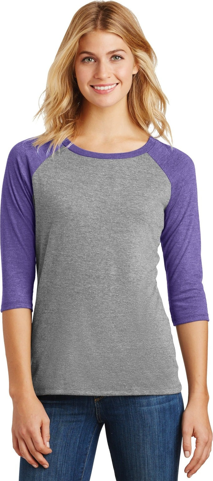Front View of Purple Fr/Gy F District Women's Perfect Tri 3/4-Sleeve Raglan. DM136L