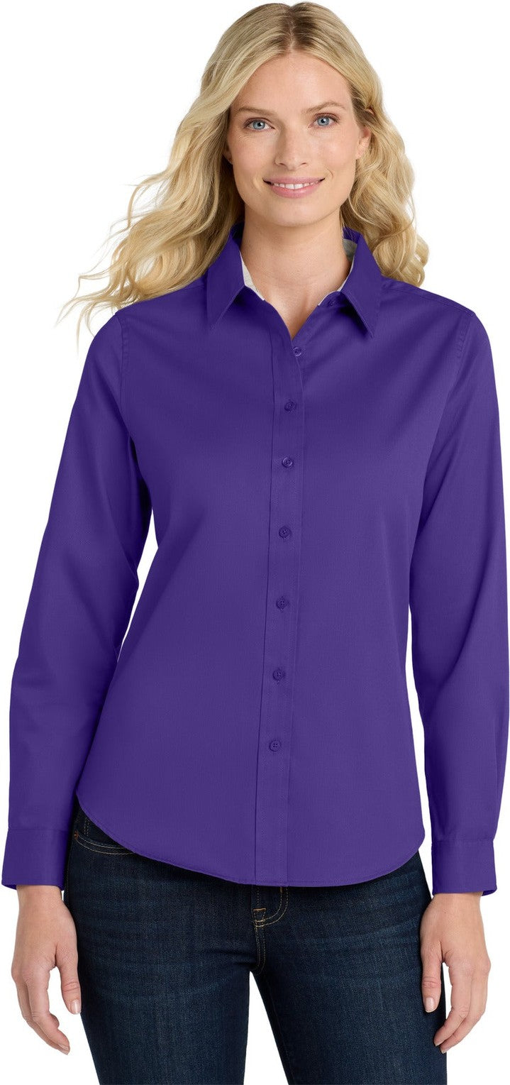 Front View of Purple Port Authority Women's Long Sleeve Easy Care Shirt. L608