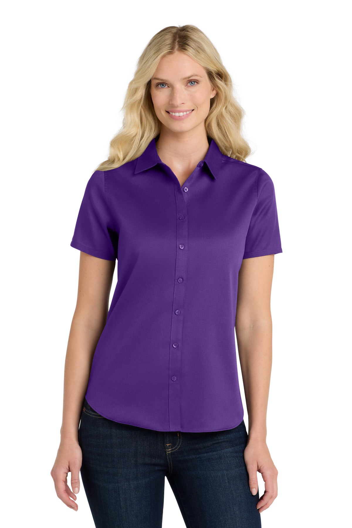 Front View of Purple Port Authority Women's Short Sleeve SuperPro React Twill Shirt. LW809