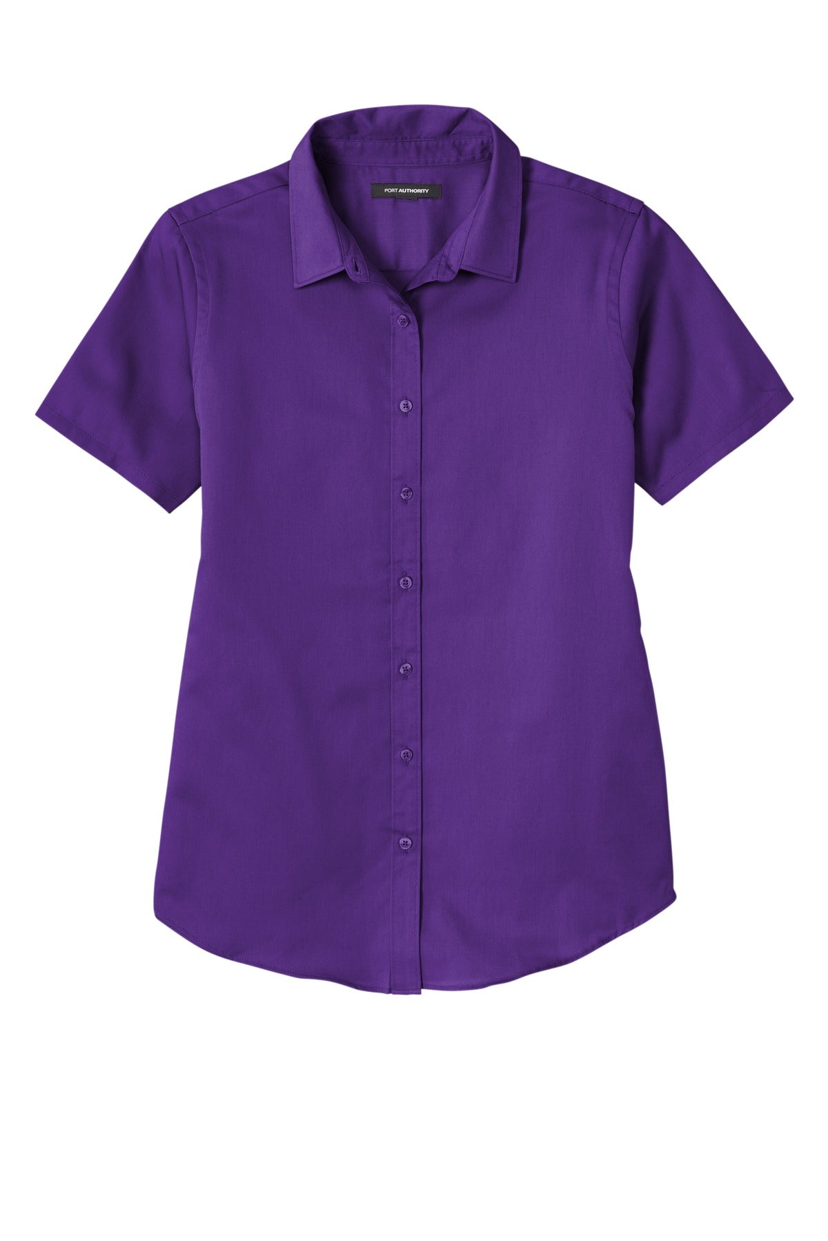Front View of Purple Port Authority Women's Short Sleeve SuperPro React Twill Shirt. LW809
