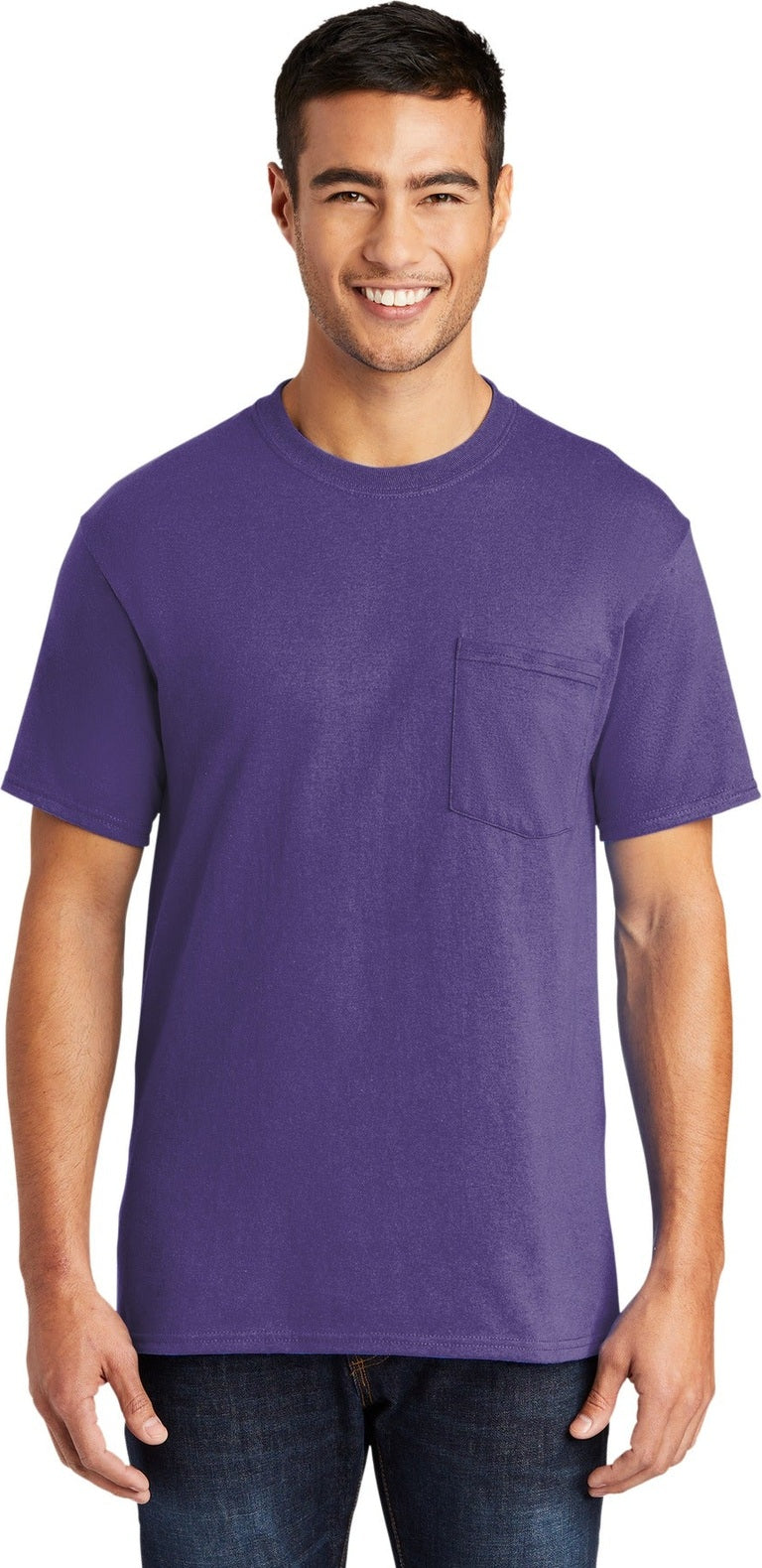 Front View of Purple Port & Co Core Blend Pocket Tee. PC55P