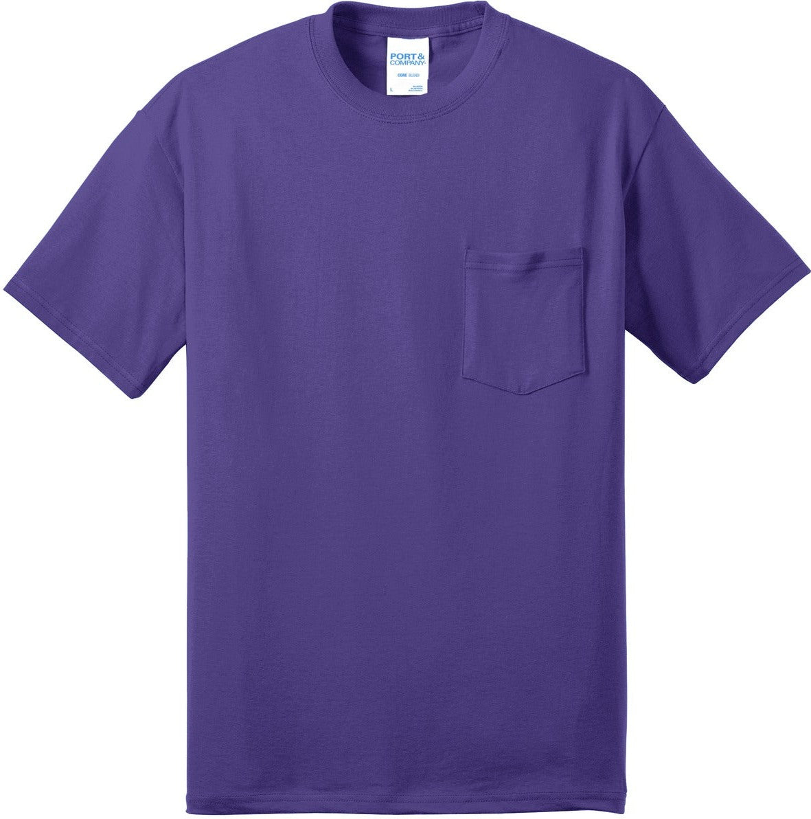 Front View of Purple Port & Co Core Blend Pocket Tee. PC55P