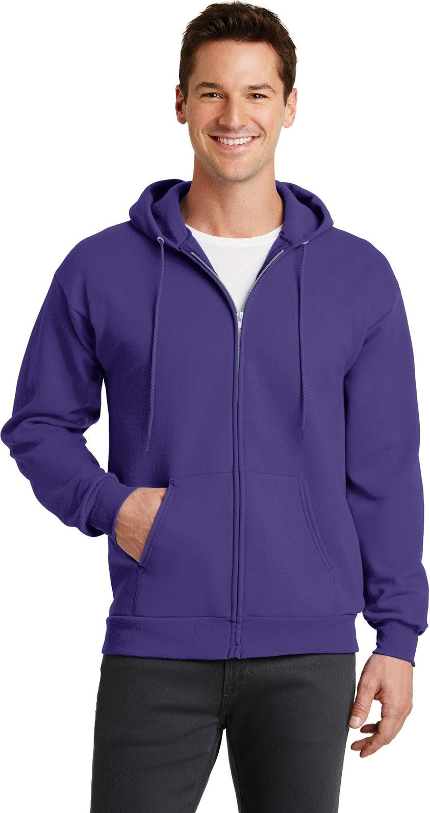 Front View of Purple Port & Co Core Fleece Full-Zip Hooded Sweatshirt. PC78ZH