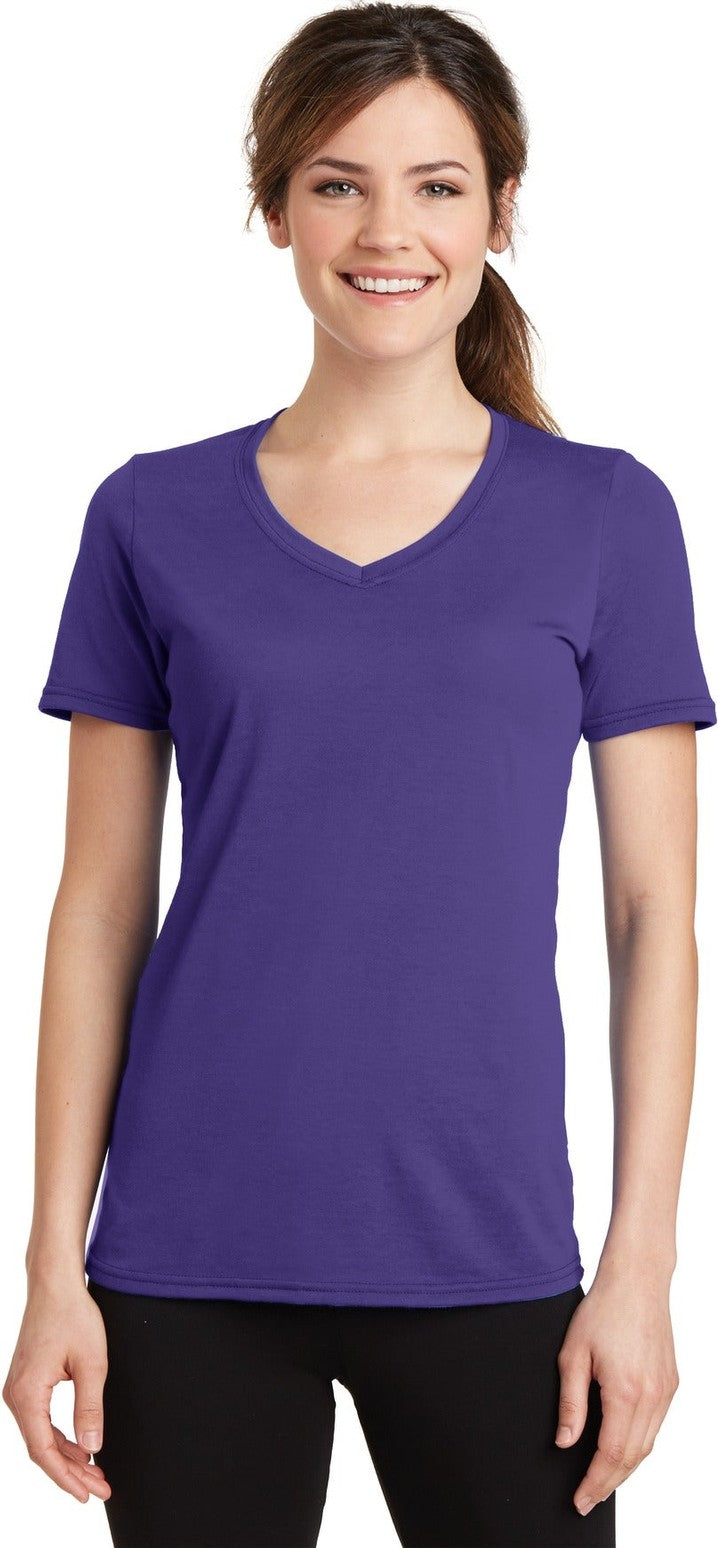 Front View of Purple Port & Co Women's Performance Blend V-Neck Tee. LPC381V