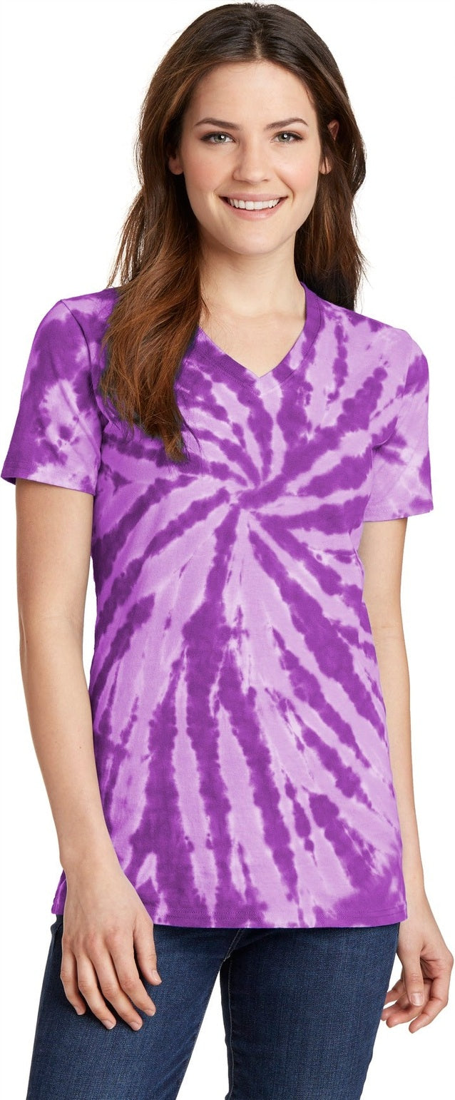 Front View of Purple Port & Co Women's Tie-Dye V-Neck Tee. LPC147V