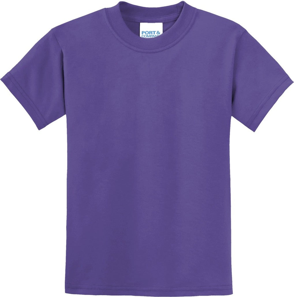 Front View of Purple Port & Co Youth Core Blend Tee. PC55Y