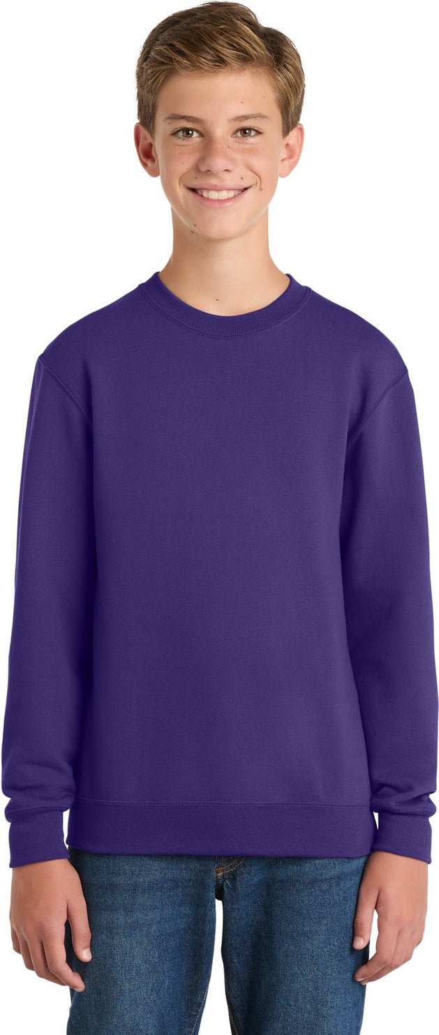 Front View of Purple Port & Co Youth Core Fleece Crewneck Sweatshirt. PC90Y