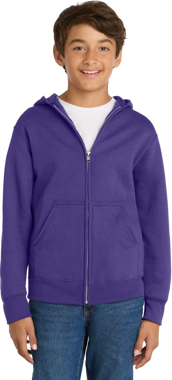Front View of Purple Port & Co Youth Core Fleece Full-Zip Hooded Sweatshirt. PC90YZH