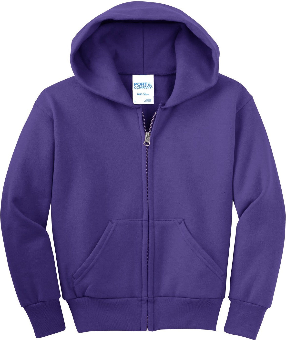 Front View of Purple Port & Co Youth Core Fleece Full-Zip Hooded Sweatshirt. PC90YZH