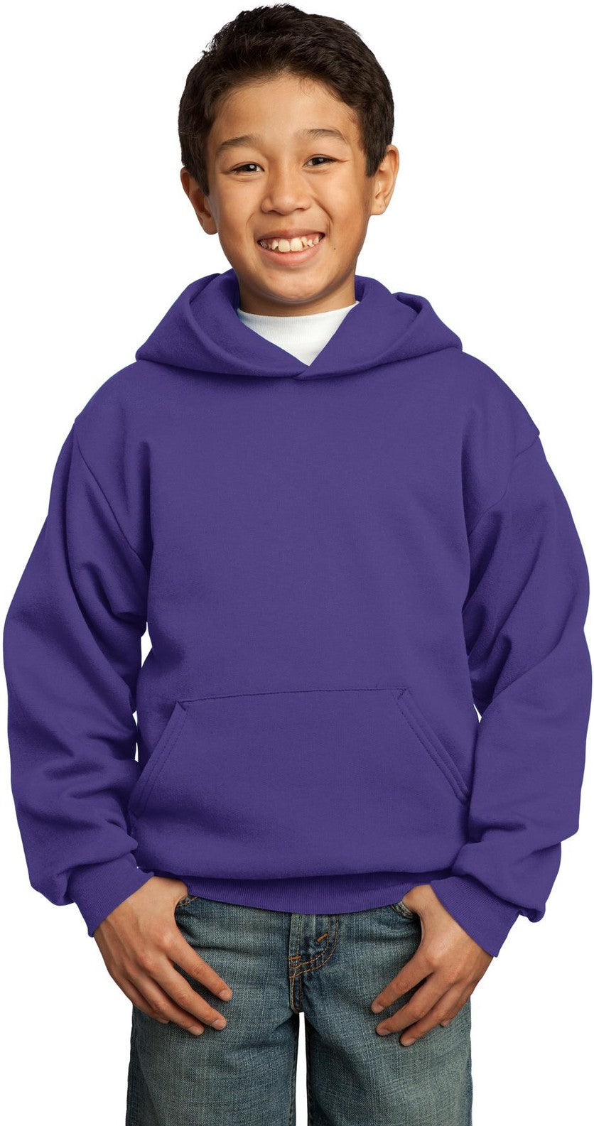 Front View of Purple Port & Co Youth Core Fleece Pullover Hooded Sweatshirt. PC90YH