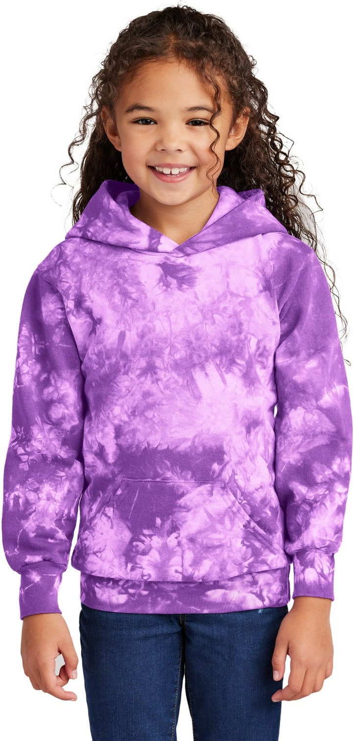 Front View of Purple Port & Co Youth Crystal Tie-Dye Pullover Hoodie PC144Y