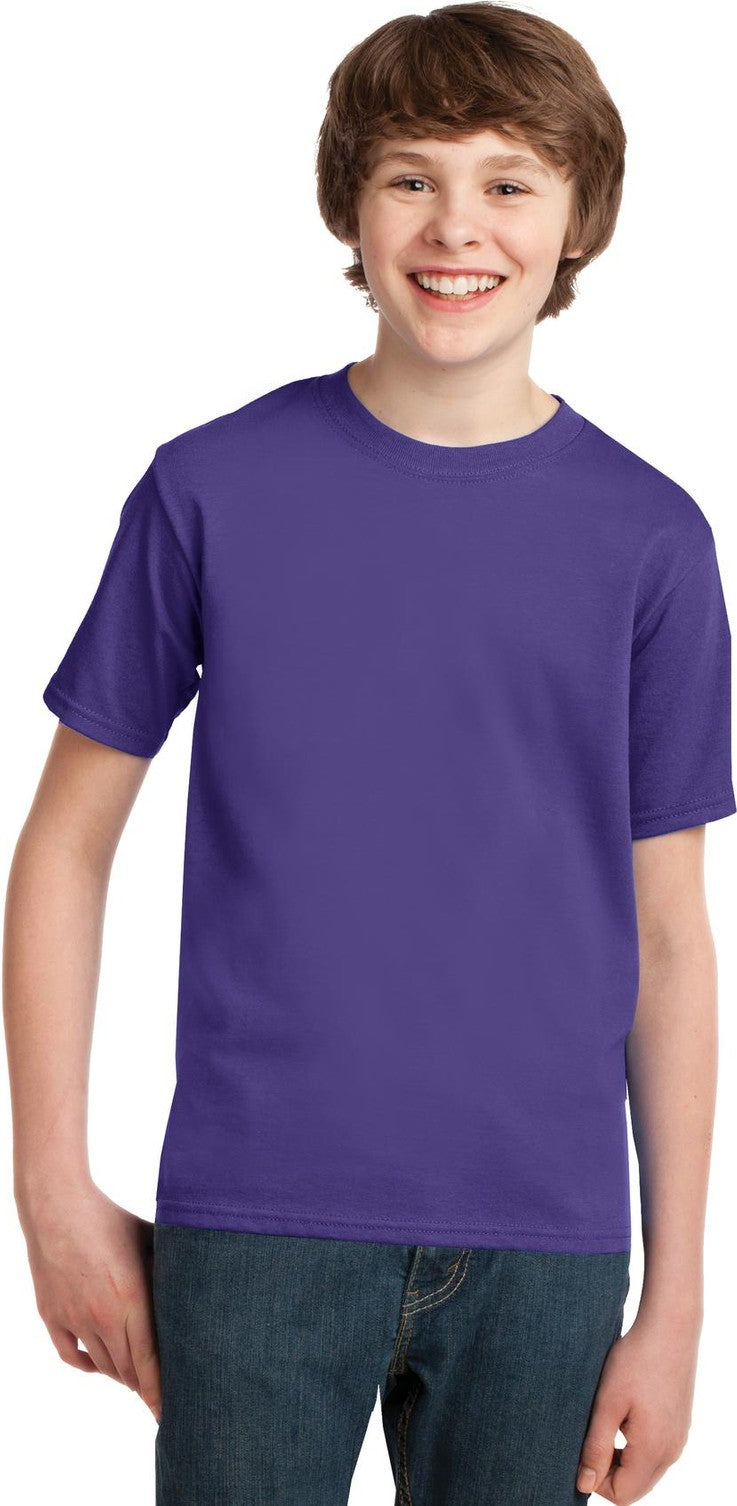 Front View of Purple Port & Co Youth Essential Tee. PC61Y
