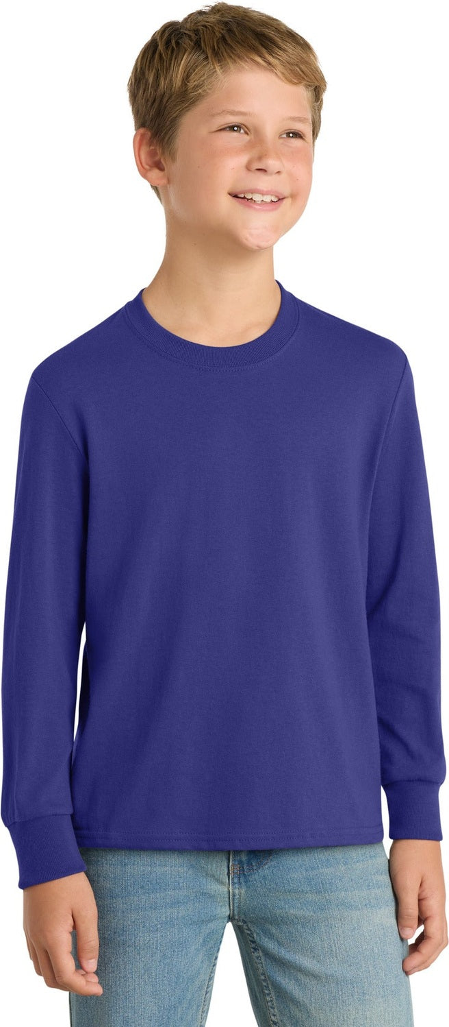 Front View of Purple Port & Co Youth Long Sleeve Core Cotton Tee. PC54YLS