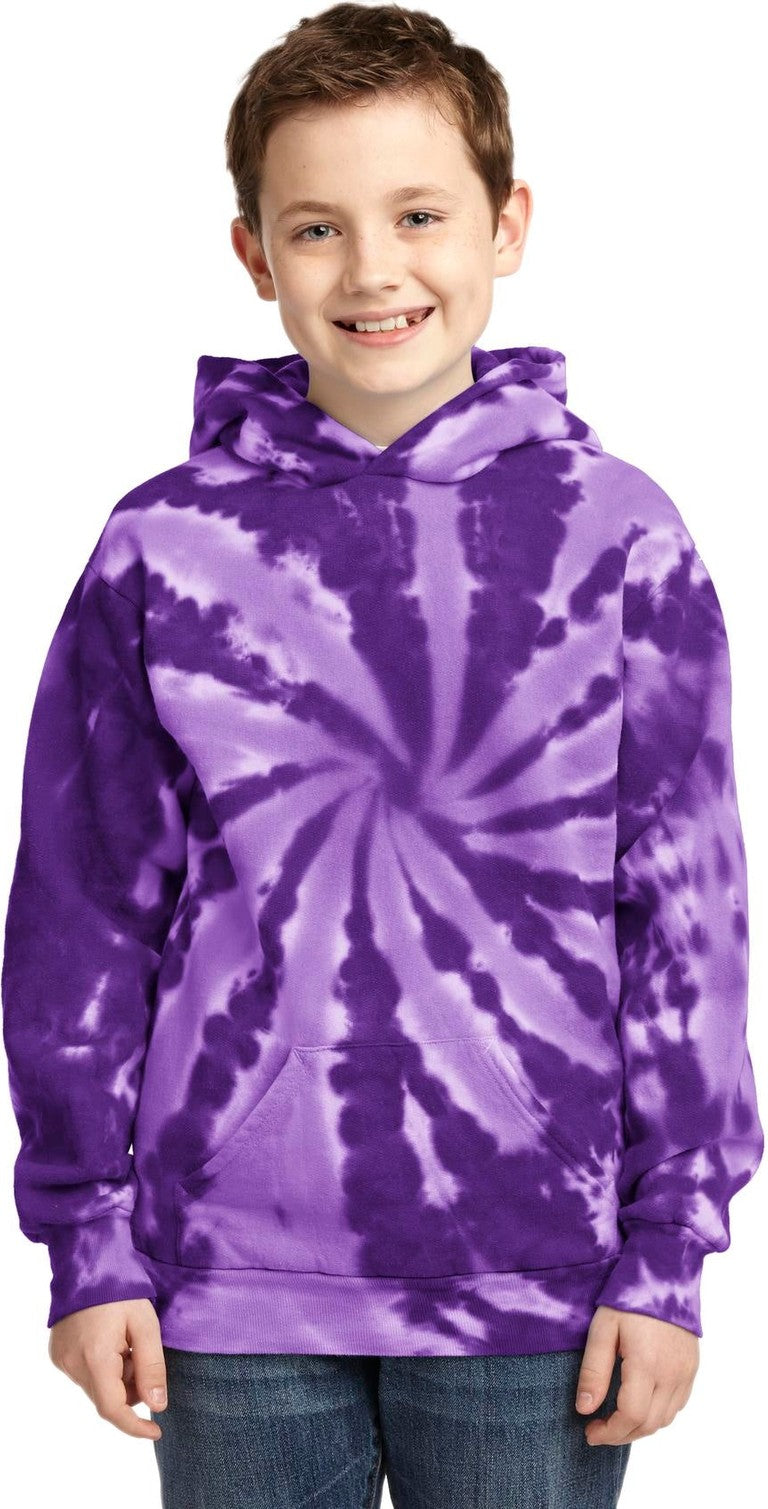 Front View of Purple Port & Co Youth Tie-Dye Pullover Hooded Sweatshirt. PC146Y
