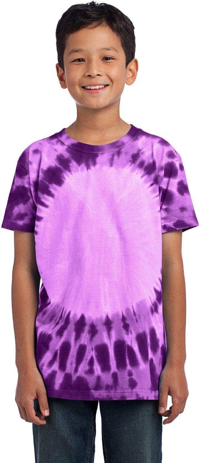 Front View of Purple Port & Co Youth Window Tie-Dye Tee. PC149Y