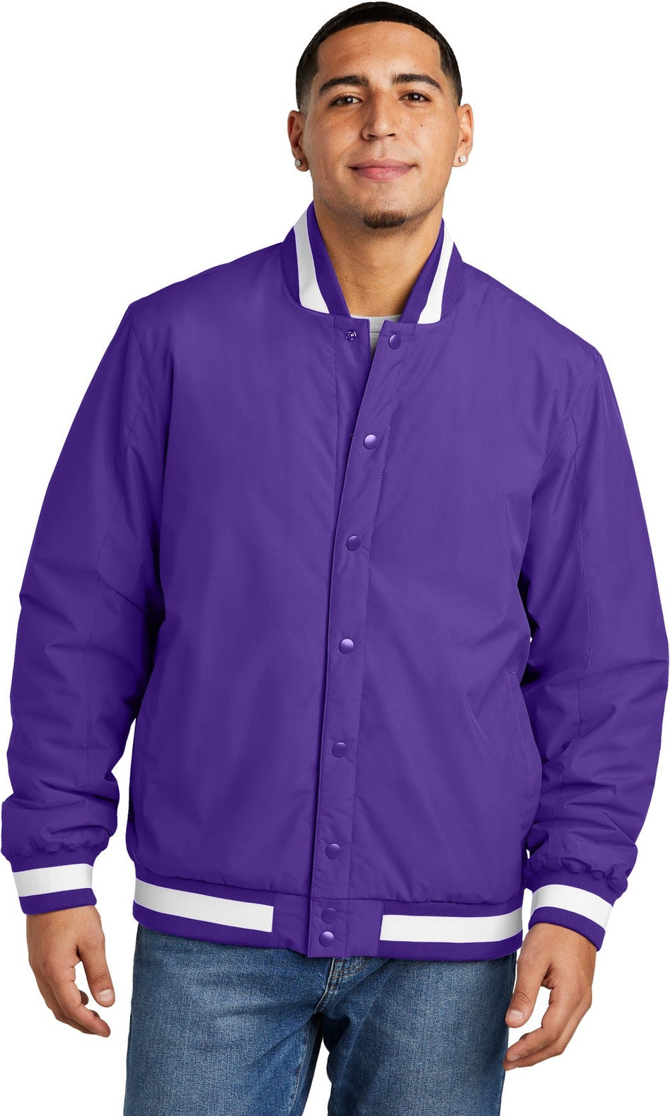 Front View of Purple Sport-Tek Insulated Varsity Jacket JST58
