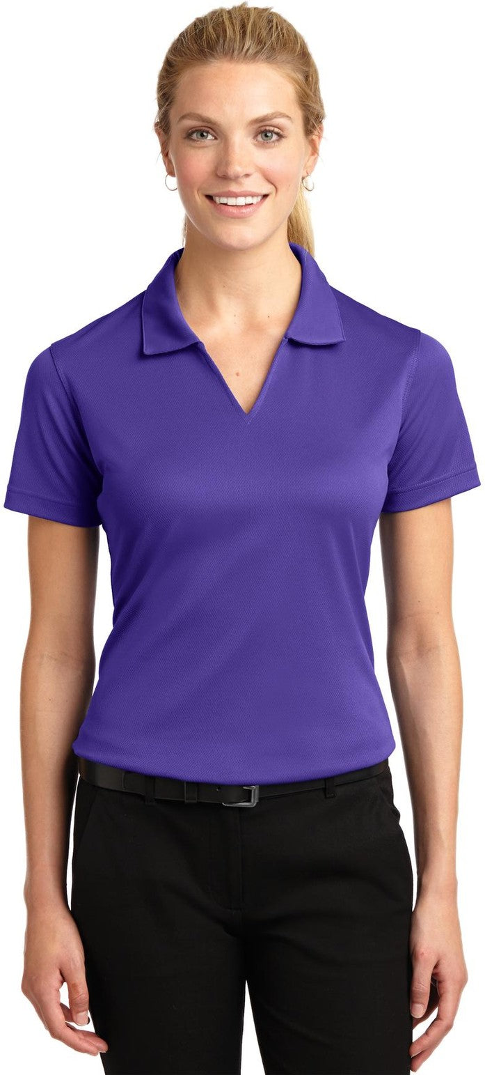 Front View of Purple Sport-Tek Women's Dri-Mesh V-Neck Polo. L469