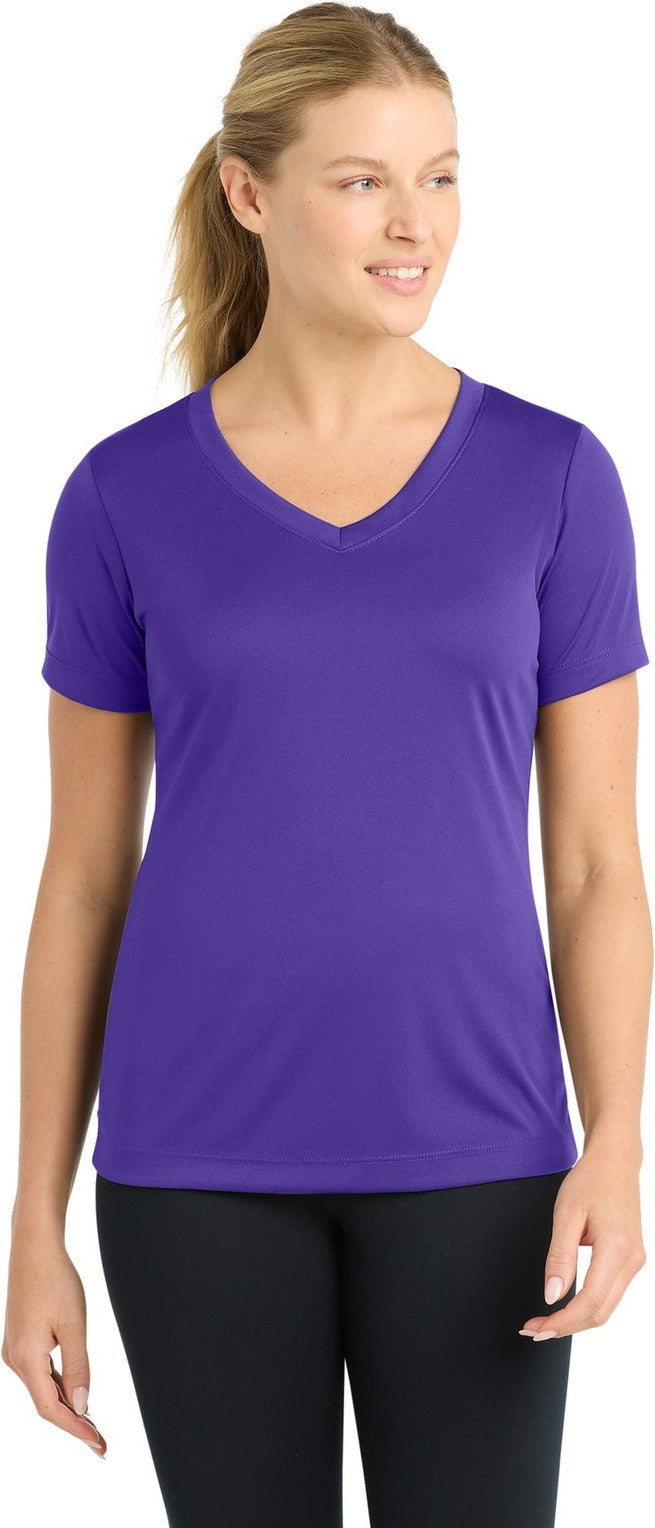 Front View of Purple Sport-Tek Women's PosiCharge Competitor V-Neck Tee. LST353