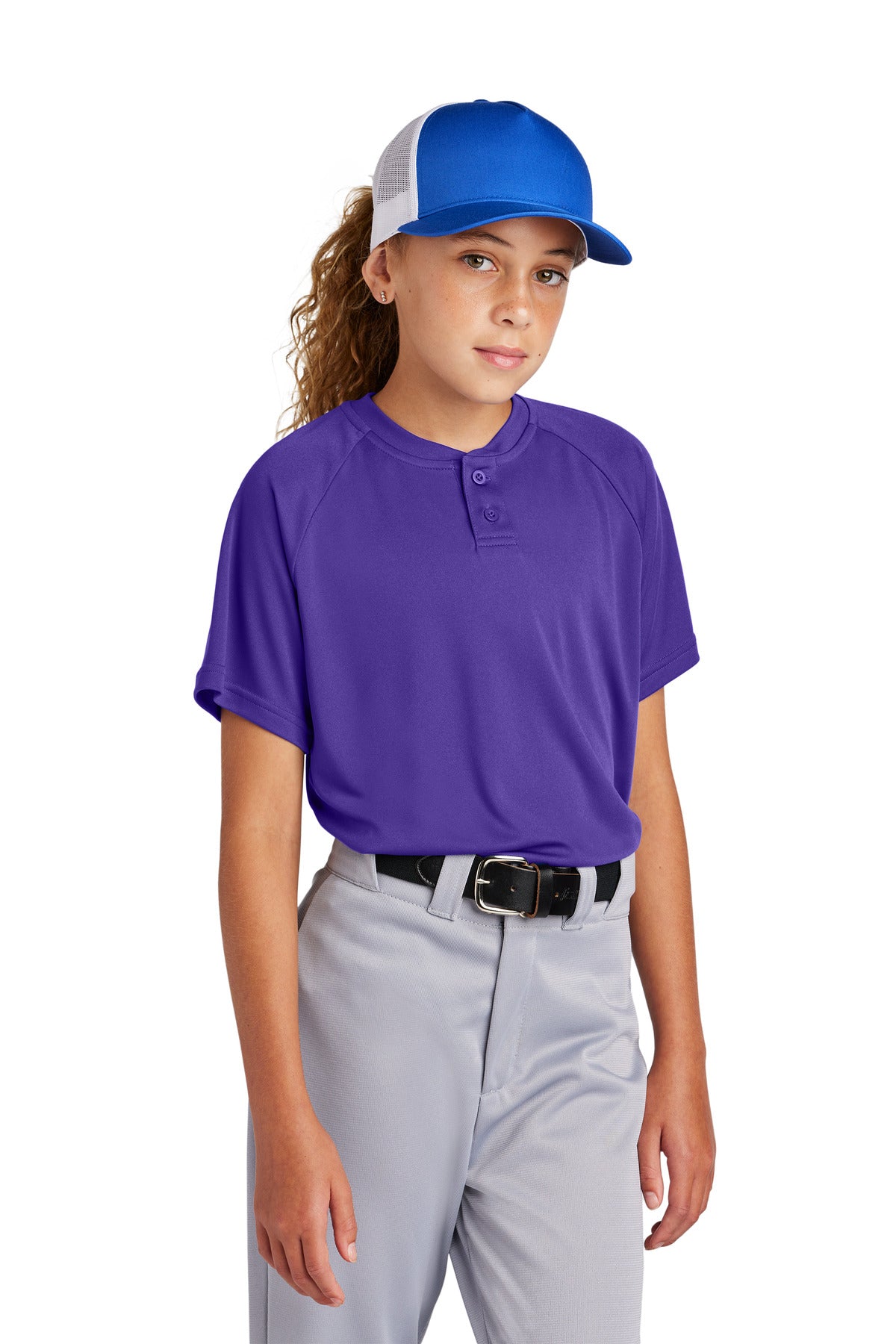 Front View of Purple Sport-Tek Youth PosiCharge Competitor 2-Button Henley YST359