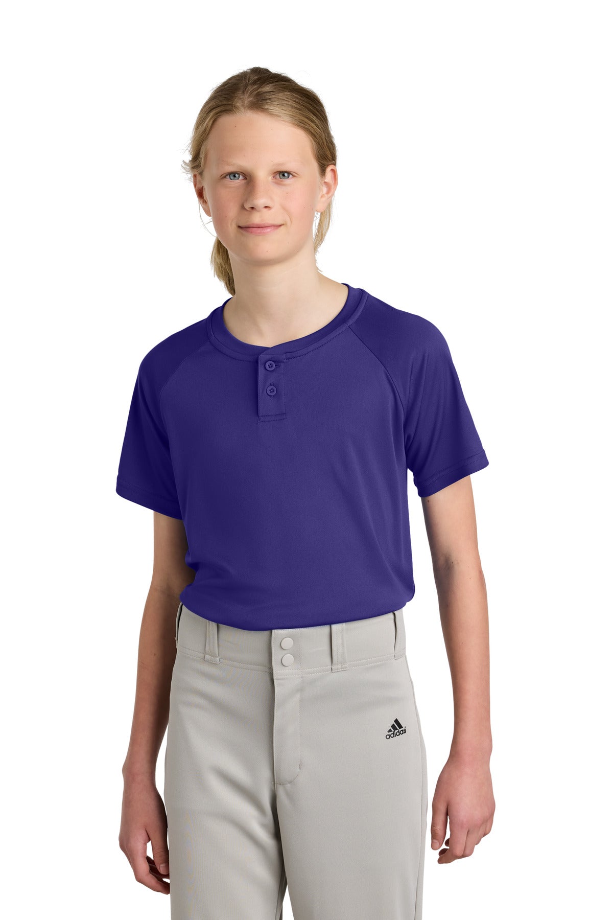 Front View of Purple Sport-Tek Youth PosiCharge Competitor 2-Button Henley YST359