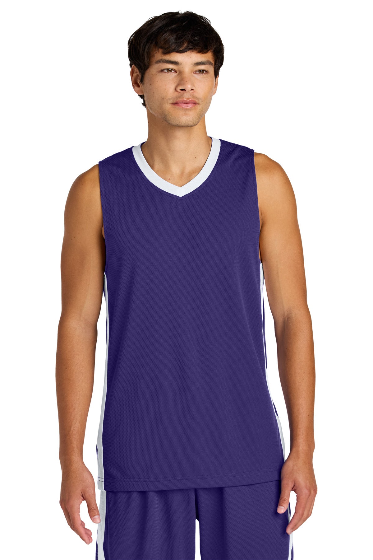 Front View of Purple/Wh Sport-Tek Rival Basketball Rev Jersey ST900